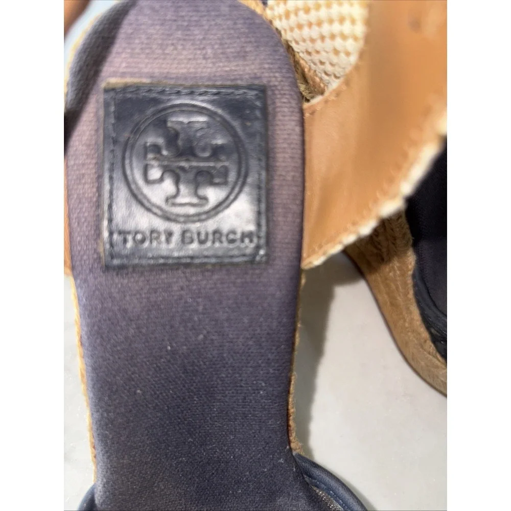 Tory Burch Lucia Espadrilles Sandals Platform Navy floral lace Jute Leather 6.5
